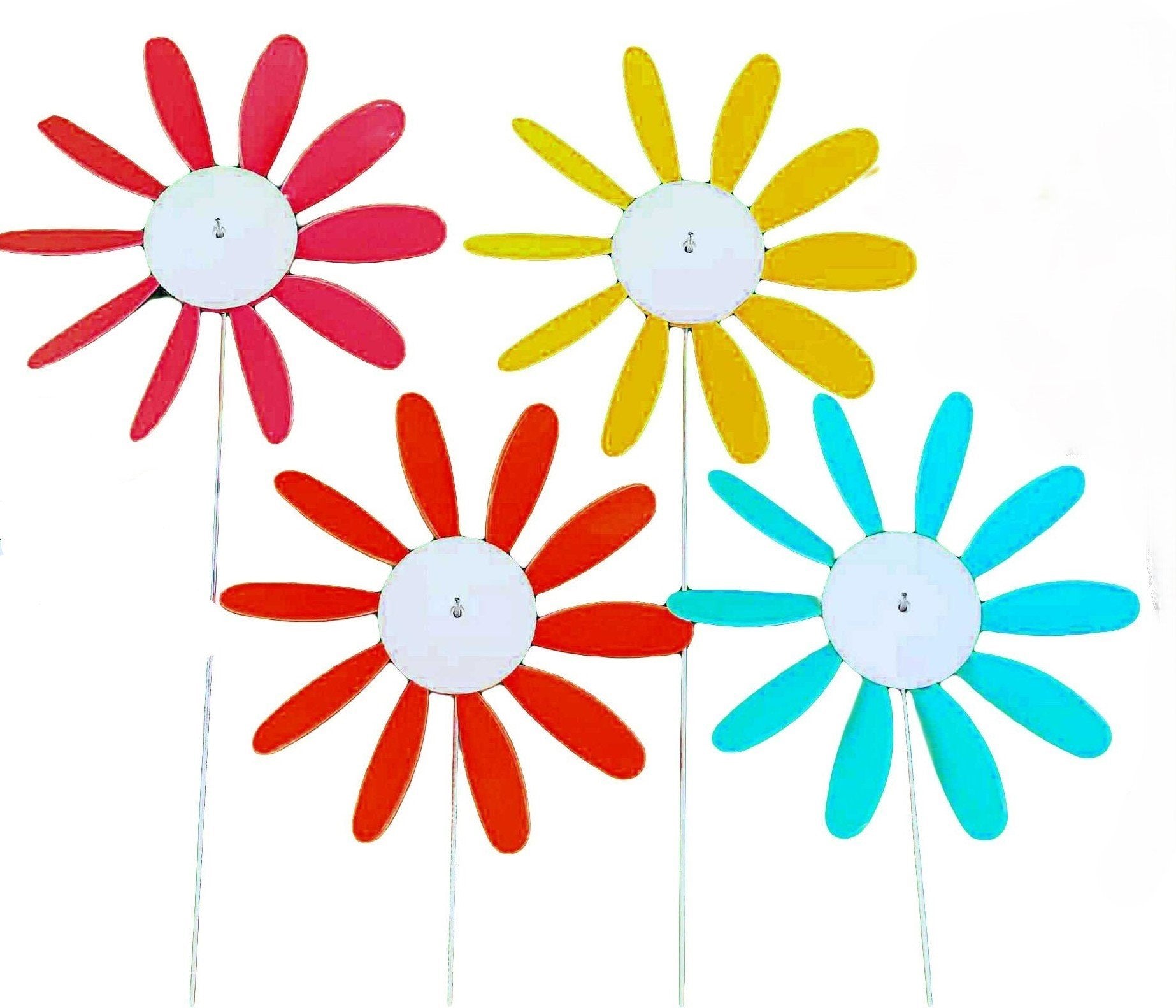 Spinning Daisies (Pack of 6) Beloit Plastics 12 inch Dia. Random Color Lawn Pinwheels, 24" Tall Pinwheel and Wind Spinners, Garden, Party Pinwheel, Flower Spinner, for Patio, Lawn & Garden