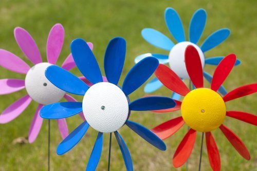 Spinning Daisies (Pack of 6) Beloit Plastics 12 inch Dia. Random Color Lawn Pinwheels, 24" Tall Pinwheel and Wind Spinners, Garden, Party Pinwheel, Flower Spinner, for Patio, Lawn & Garden