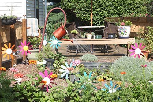 Spinning Daisies (Pack of 6) Beloit Plastics 12 inch Dia. Random Color Lawn Pinwheels, 24" Tall Pinwheel and Wind Spinners, Garden, Party Pinwheel, Flower Spinner, for Patio, Lawn & Garden