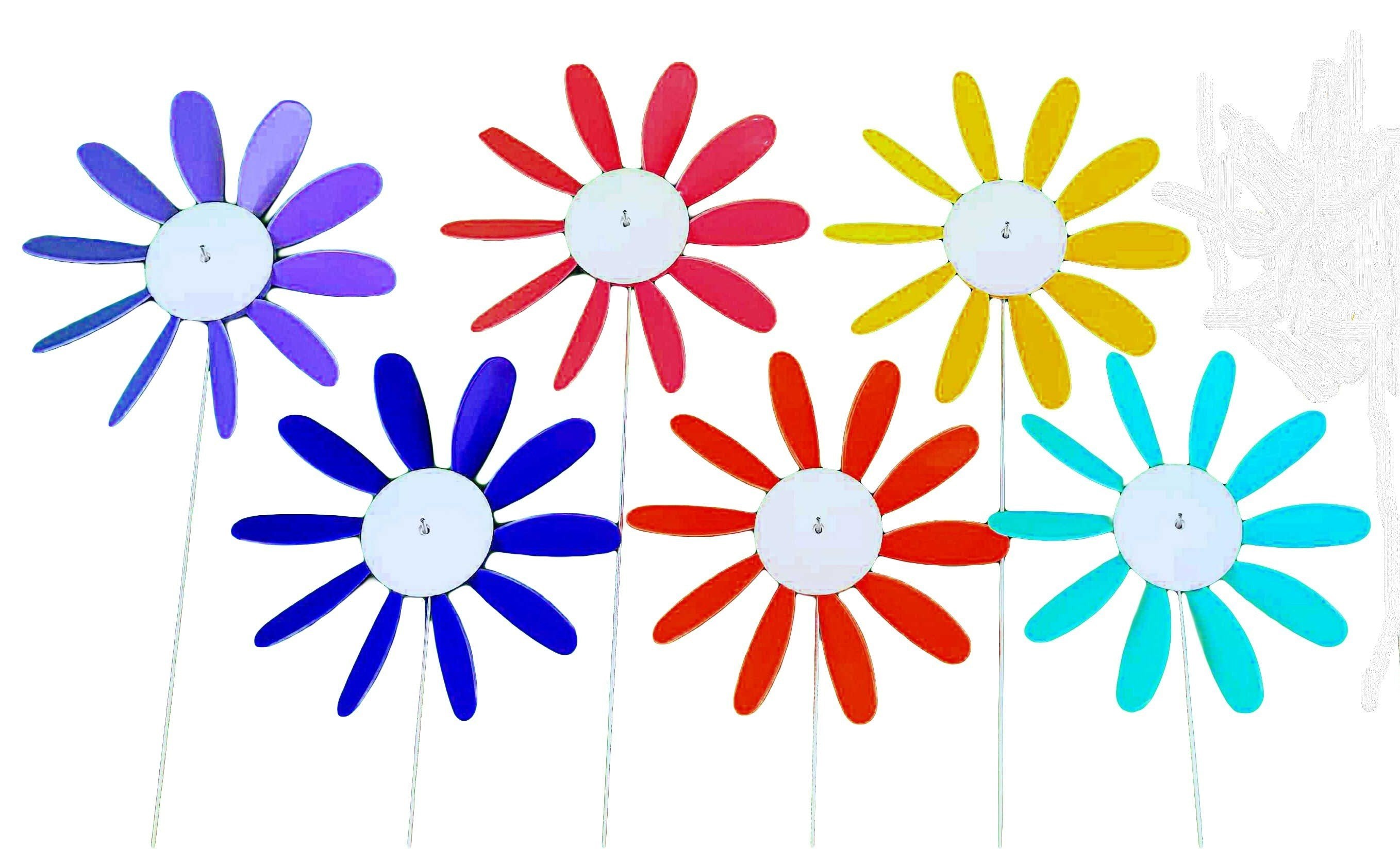 Spinning Daisies (Pack of 6) Beloit Plastics 12 inch Dia. Random Color Lawn Pinwheels, 24" Tall Pinwheel and Wind Spinners, Garden, Party Pinwheel, Flower Spinner, for Patio, Lawn & Garden